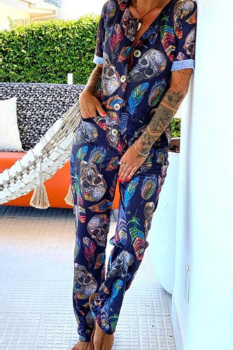 Street Print Patchwork Buckle Straight Jumpsuits