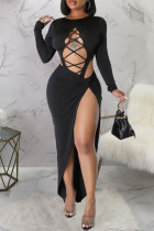 Sexy Solid Hollowed Out Patchwork Slit Asymmetrical O Neck Long Sleeve Two Pieces