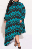 Casual Striped Print Patchwork Asymmetrical Half A Turtleneck Long Sleeve Plus Size Dresses
