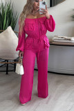 Casual Solid Patchwork Pocket Fold Off the Shoulder Straight Jumpsuits