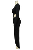 Sexy Solid Hollowed Out Patchwork Slit Asymmetrical O Neck Long Sleeve Two Pieces