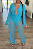 Sexy Solid Patchwork Frenulum See-through Backless Asymmetrical V Neck Long Sleeve Two Pieces
