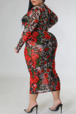 Sexy Casual Print See-through O Neck Long Sleeve Plus Size Dresses