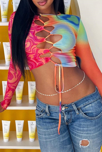 Sexy Casual Print Bandage Hollowed Out O Neck Tops