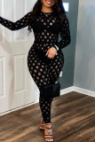 Sexy Solid Ripped Hollowed Out See-through O Neck Skinny Jumpsuits