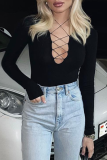 Sexy Solid Hollowed Out V Neck Skinny Bodysuits