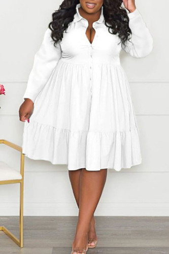 Casual Solid Patchwork Buckle Fold Turndown Collar A Line Plus Size Dresses