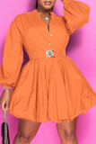 Fashion Casual Solid Patchwork Buckle Fold Mandarin Collar A Line Dresses