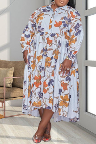 Casual Print Patchwork Turndown Collar A Line Plus Size Dresses