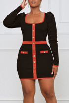 Casual Solid Patchwork Draw String Buckle U Neck Pencil Skirt Dresses