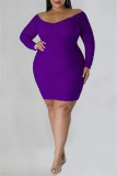 Casual Solid Patchwork Off the Shoulder Long Sleeve Plus Size Dresses