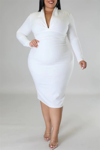 Casual Solid Patchwork V Neck Long Sleeve Plus Size Dresses