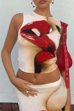 Sexy Lips Printed Patchwork O Neck Sleeveless Two Pieces