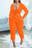 Casual Solid Bandage Patchwork V Neck Plus Size Two Pieces
