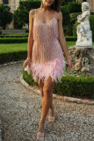 Fashion Sexy Patchwork Sequins Feathers V Neck Sling Dress