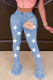 Street Print Buttons Mid Waist Boot Cut Denim