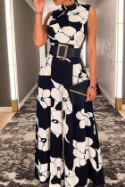 Casual Print Patchwork With Belt O Neck Jumpsuits