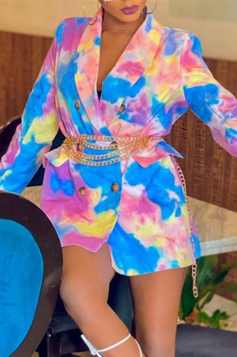 Casual Print Tie Dye Patchwork Turn-back Collar Outerwear (Without Waist Chain)