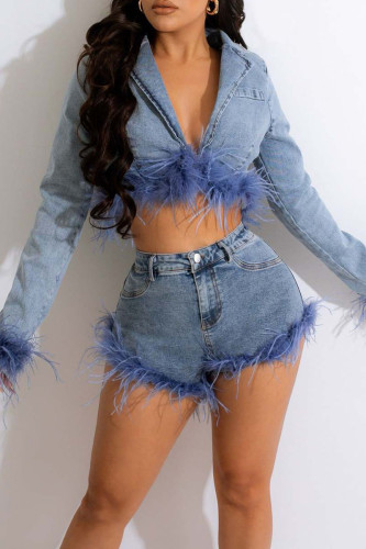 Sexy Solid Patchwork Feathers Turn-back Collar Long Sleeve Two Pieces