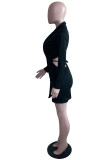 Casual Solid Bandage Hollowed Out Turn-back Collar Long Sleeve Dresses