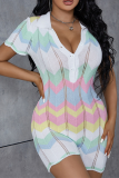 Sexy Striped Patchwork Turndown Collar Skinny Rompers