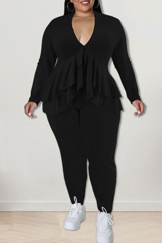 Casual Solid Patchwork Flounce Asymmetrical V Neck Plus Size Two Pieces