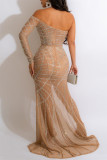 Sexy Patchwork Hot Drilling See-through Backless Slit Off the Shoulder Long Sleeve Dresses