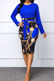 Casual Print Bandage Patchwork O Neck One Step Skirt Dresses