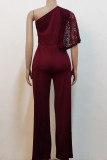Sexy Solid Patchwork Oblique Collar Straight Jumpsuits
