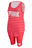 Casual Striped Print Patchwork U Neck Plus Size Two Pieces
