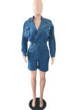 Casual Street Solid Patchwork Buttons Turndown Collar Long Sleeve Straight Denim Jumpsuits