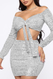 Sexy Solid Bandage Sequins Patchwork Off the Shoulder Long Sleeve Two Pieces