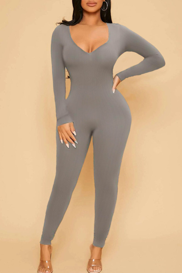 Sexy Sportswear Solid Patchwork V Neck Plus Size Jumpsuits