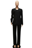 Casual Solid Patchwork Buckle Fold Turndown Collar Long Sleeve Two Pieces
