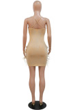 Sexy Patchwork Hot Drilling Feathers Backless Spaghetti Strap Sleeveless Dress