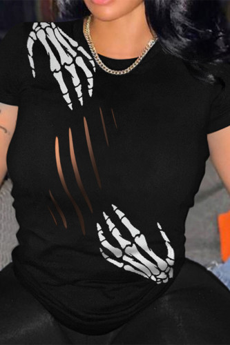 Casual Print Hollowed Out O Neck T-Shirts