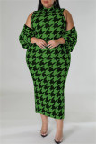 Casual Print Basic Half A Turtleneck Sleeveless Dress Plus Size Two Pieces