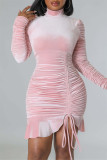 Sexy Casual Solid Draw String Frenulum Fold Turtleneck Long Sleeve Dresses