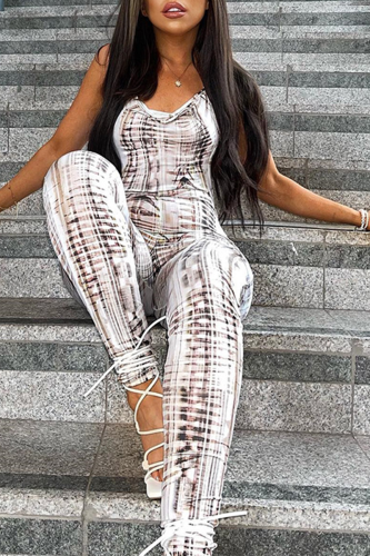 Sexy Print Patchwork Halter Skinny Jumpsuits
