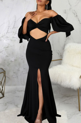 Sexy Solid Hollowed Out Patchwork Off the Shoulder Evening Dress Dresses