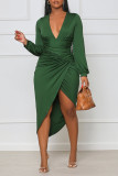 Sexy Solid Patchwork Fold Asymmetrical V Neck Long Sleeve Dresses