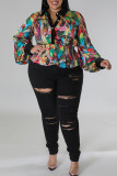Casual Print Patchwork Buckle Turndown Collar Plus Size Tops