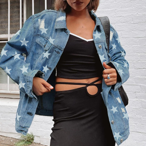 Casual Print The stars Patchwork Cardigan Turndown Collar Long Sleeve Regular Denim Jacket