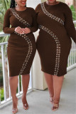 Fashion Casual Solid Hollowed Out O Neck Long Sleeve Plus Size Dresses
