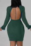 Sexy Solid Patchwork Feathers Backless Turtleneck Long Sleeve Dresses