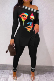 Street Print Patchwork One Shoulder Long Sleeve Two Pieces