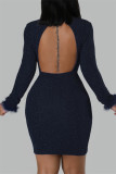 Sexy Solid Patchwork Feathers Backless Turtleneck Long Sleeve Dresses