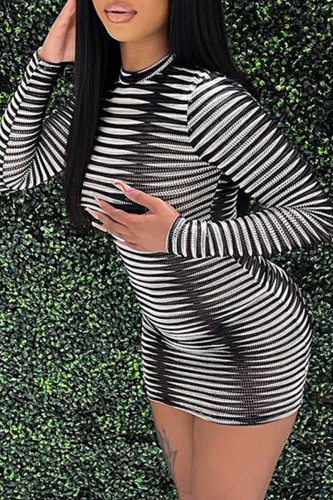 Sexy Striped Patchwork Half A Turtleneck Pencil Skirt Dresses