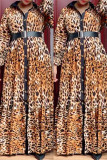 Casual Print Leopard Patchwork With Belt Turndown Collar Long Sleeve Dresses