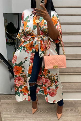 Casual Print Bandage Cardigan Collar Outerwear